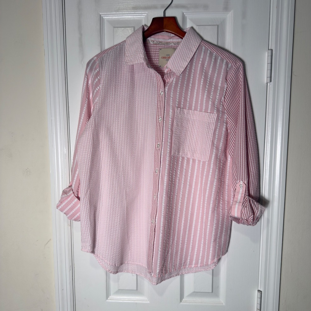 Casa Cabana Pink White Seersucker Button Front Shirt Women's Large Coastal